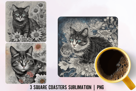 Elegant Black White Cat Floral Coaster